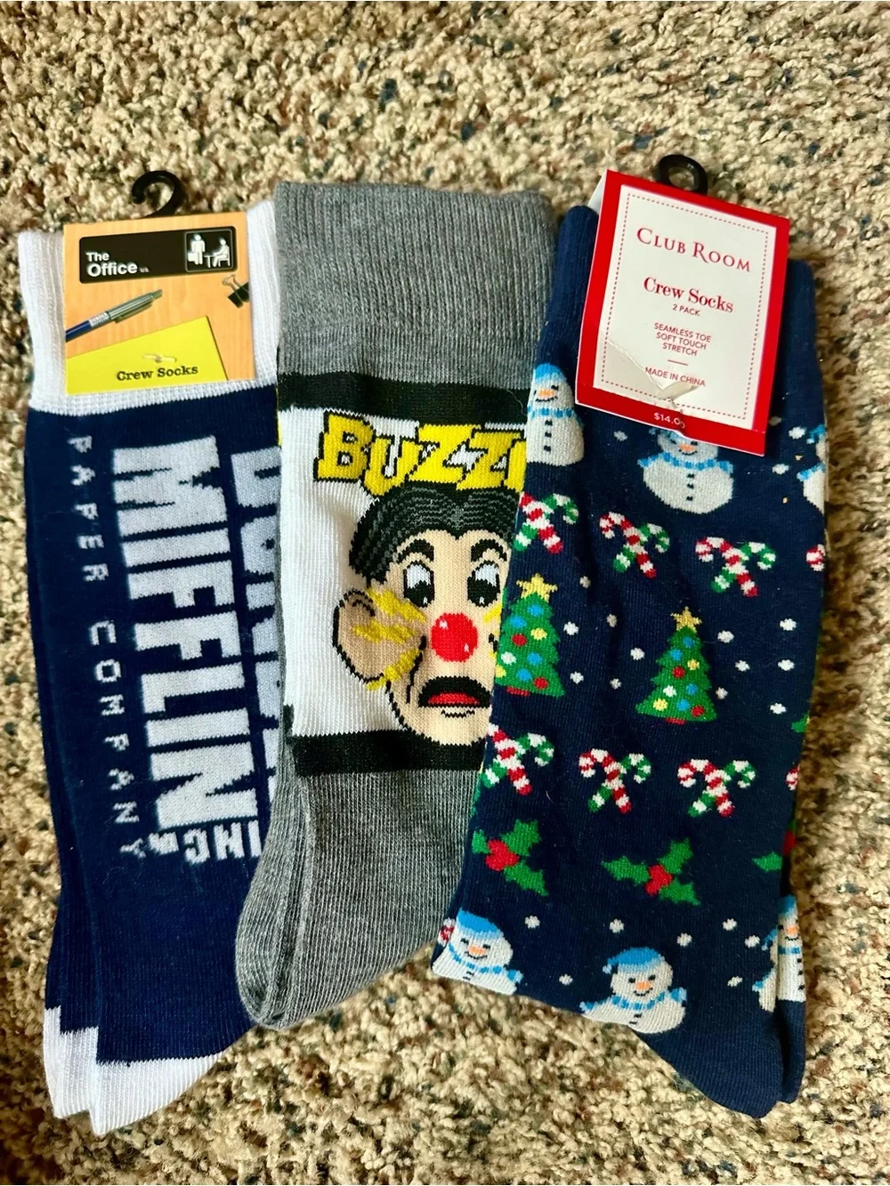 Club Room Three-Pack Novelty Crew Socks- fun, novelty, and holiday - Mens - New